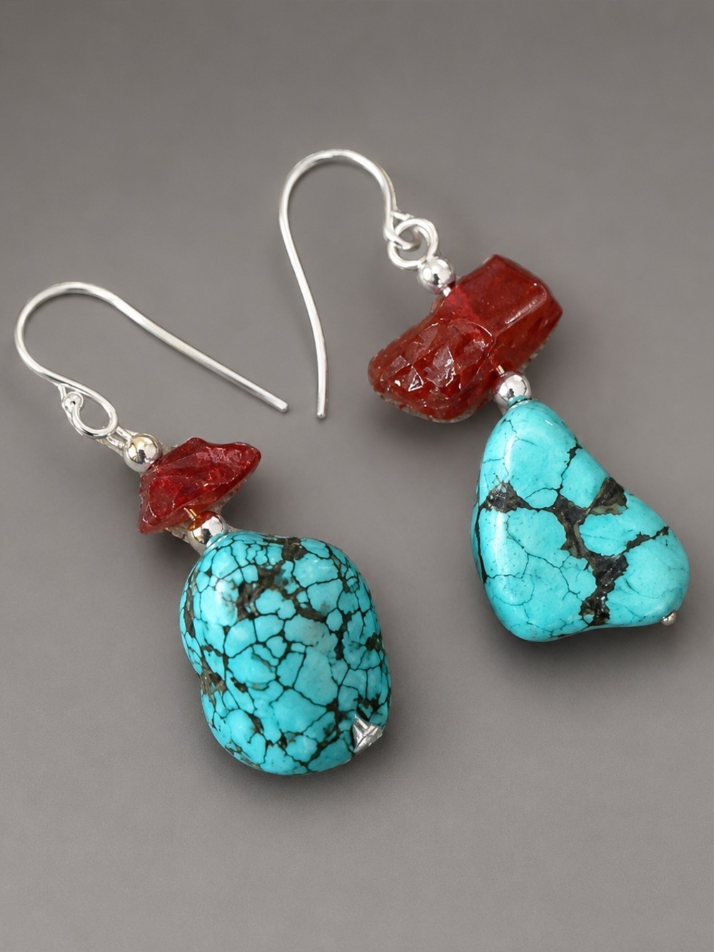 Vintage Turquoise Amber Silver Dangle Earrings  Handmade